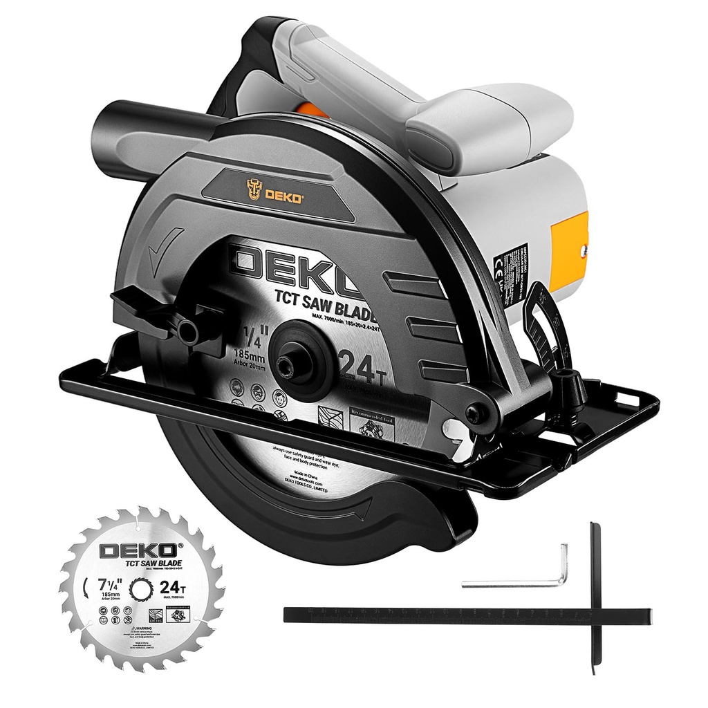Circular Saw 1200W: DEKOPRO High-Power Saw with 185mm 24T Blade, 4800 RPM, Max Cut Depth 65