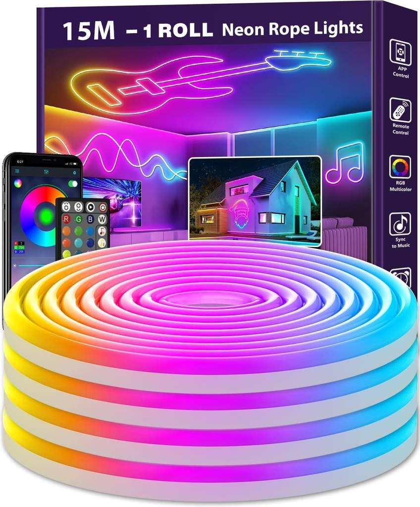 AILBTON 15m Led Neon Rope Lights,Flexible Led Rope Lights,Control with App/Remote,Multiple M