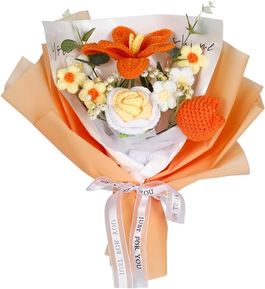 TOTOOSE Crochet Tulip Rose Flower Bouquet: Artificial Handmade Knitted Bouquet for Valentin