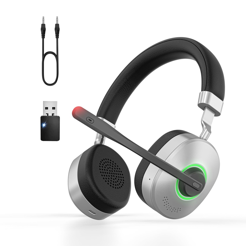 Wireless Headset, Bluetooth Headset with Microphone, AI Noise Cancelling Mic & USB Dongle,