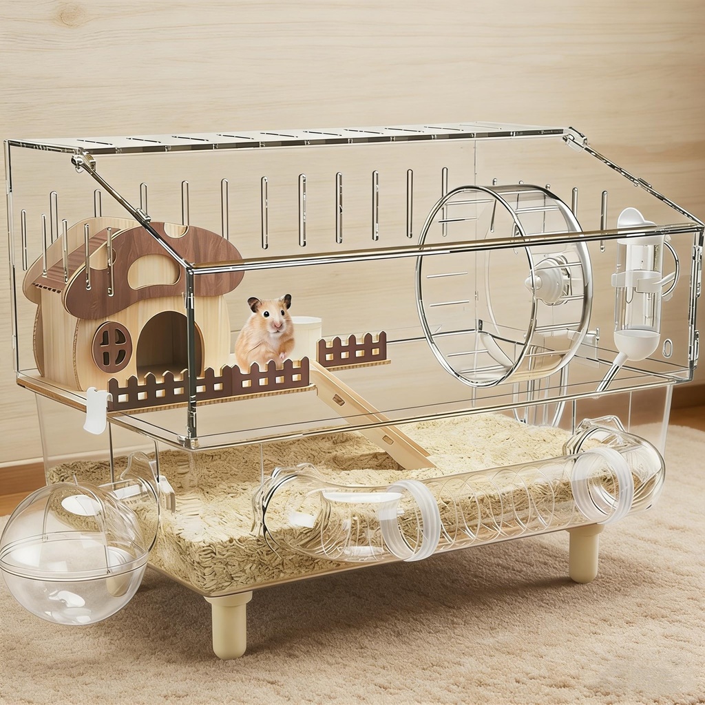 Large Acrylic Hamster Cage, 2-Layer Gerbil Cages with full transparent Viewing Top Open Ham