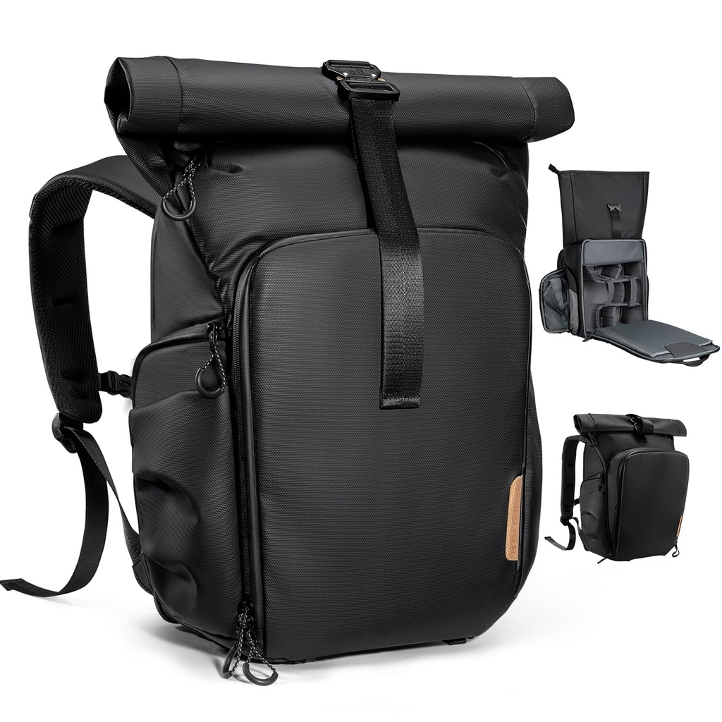K&F CONCEPT Camera Backpack, Waterproof Camera Bag with 15.6 Inch Laptop Compartment, Roll