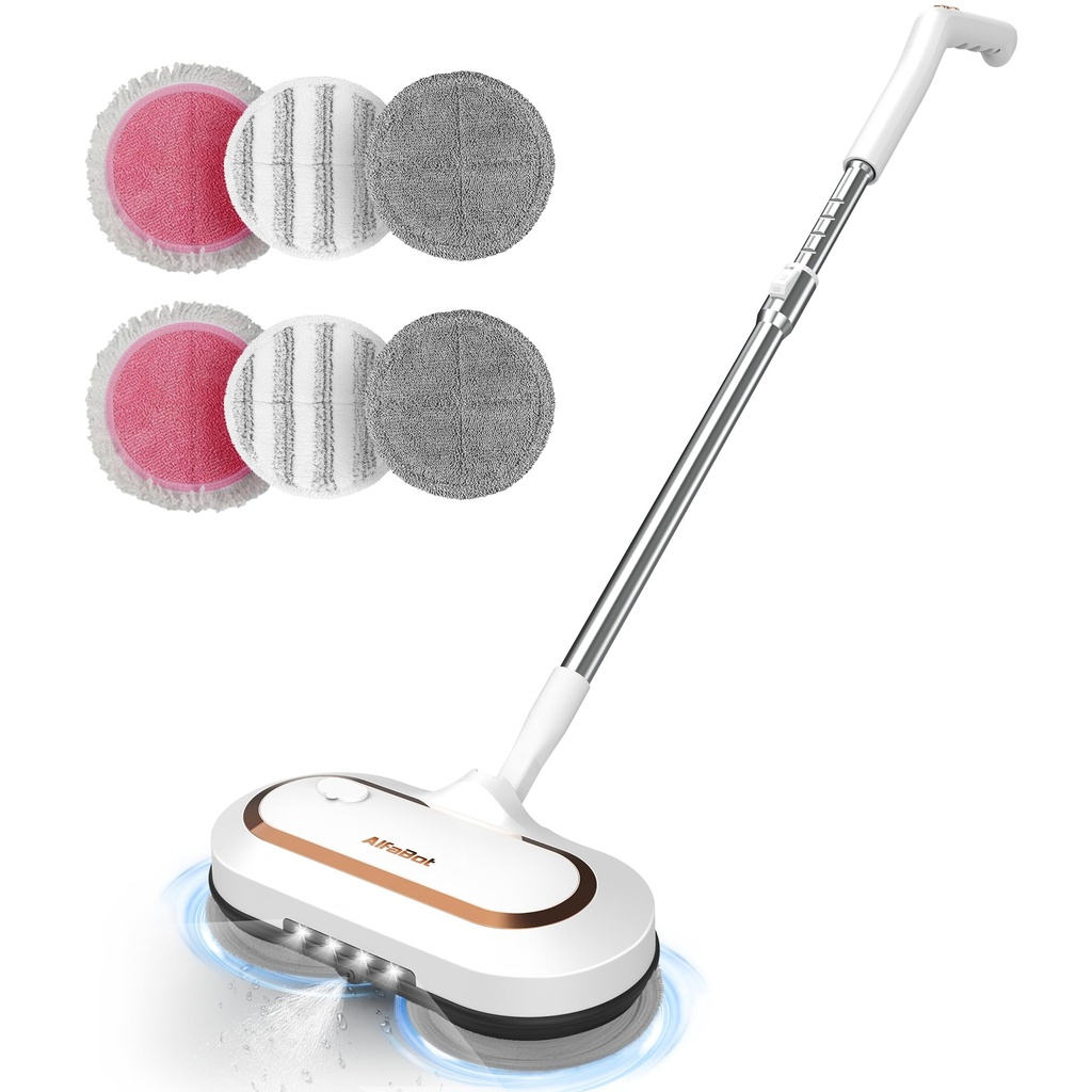 Electric Mop, AlfaBot S2 Cordless Spin Mop for Floor Cleaning, with LED Headlight and Spray