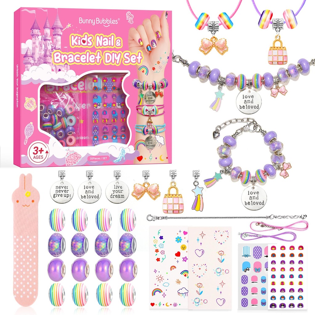 Girls Nail Varnish & Makeup Set - Kids Craft Kit with Jewelry Beads, Bracelet Making Kit -