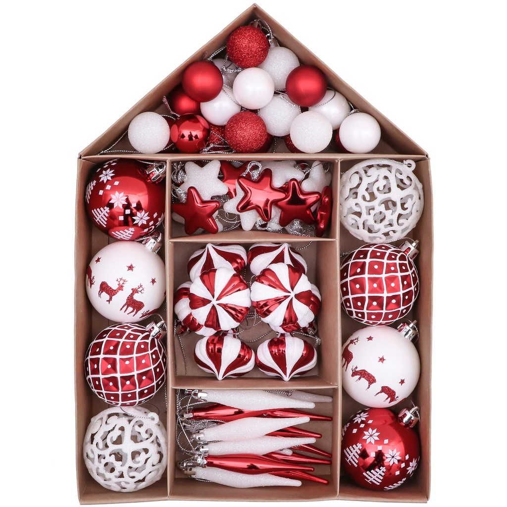 Victor's Workshop 70pcs Shatterproof Christmas Baubles Pack, Traditional Red and White Chri