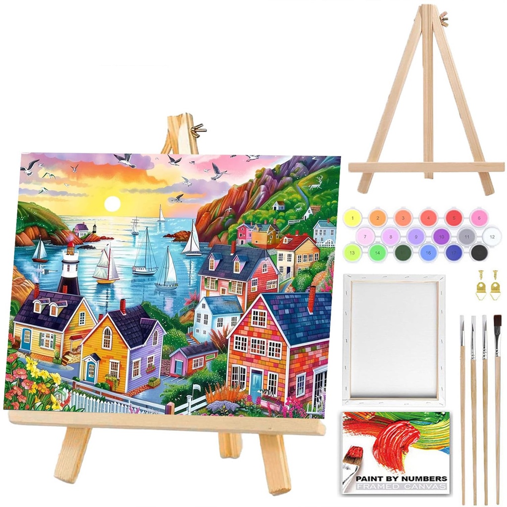 Scenery Paint by Numbers for Adults Beginners with Framed Canvas&Wooden Easel- Landscape Adu