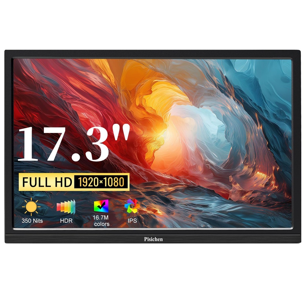 Pisichen 17.3 Inch Portable Monitor, 1080P FHD IPS Computer Screen HDMI USBC Travel Portable