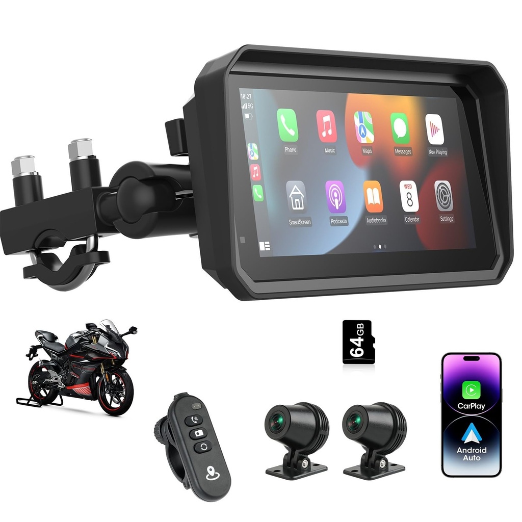 4K Motorcycle CarPlay Android Auto Screen 6.25'' Wireless Apple Car Play Screen DVR