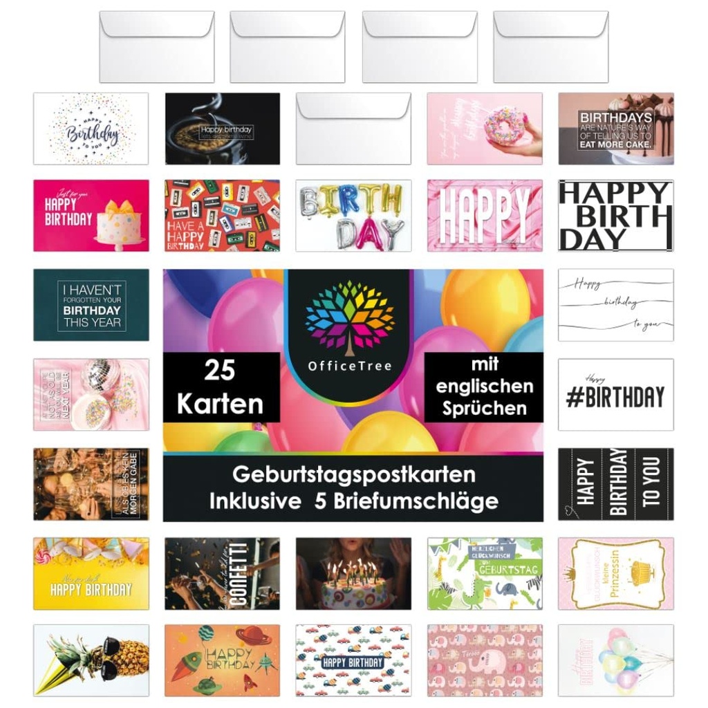 OfficeTree 25x Happy Birthday Cards Multipack A6 with 5 Envelope - Postcard Set for Kids &