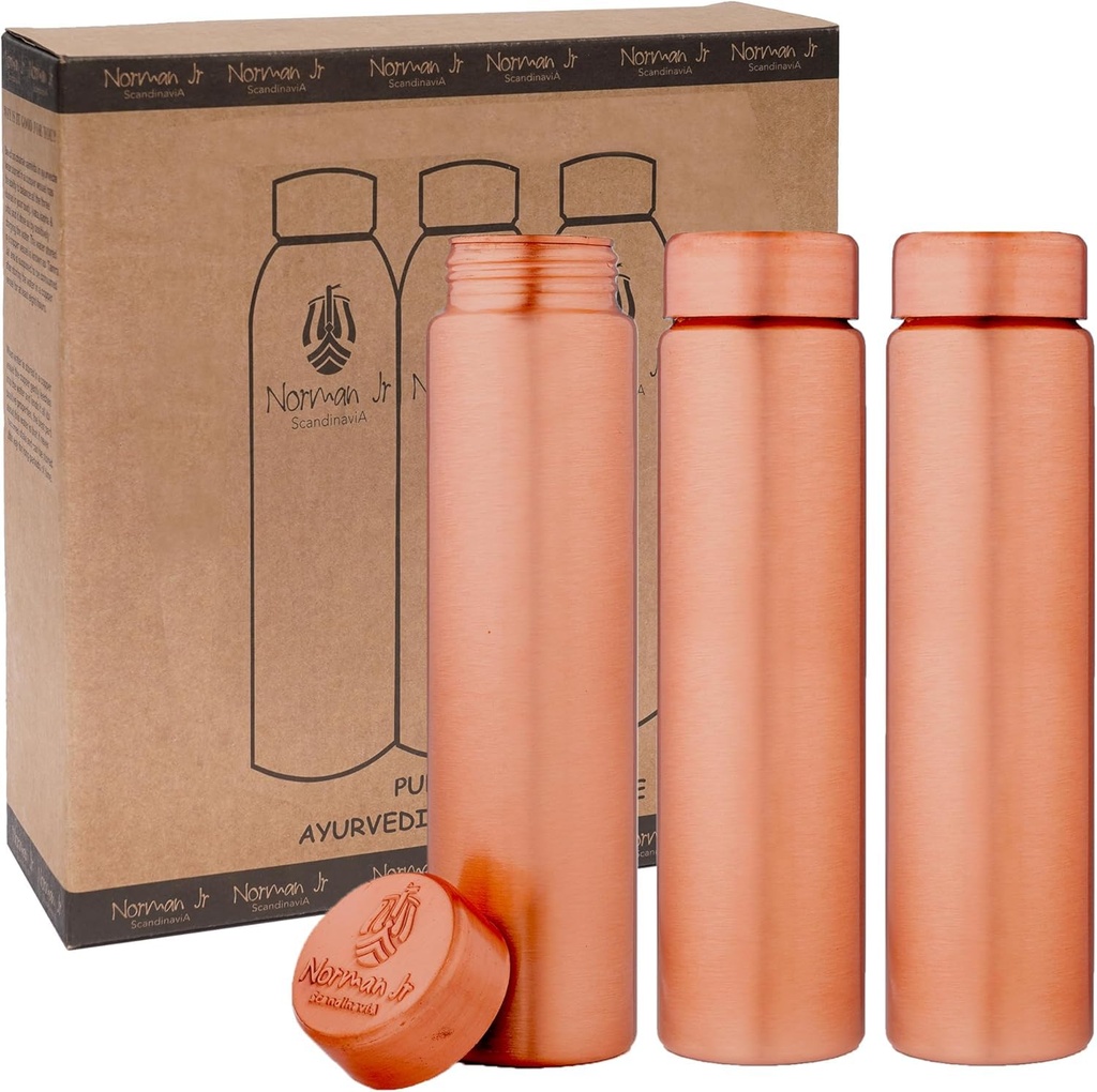 NORMAN JR Copper Water Bottle 550ml - Gift Box of 3, Slim Plain, an Ayurvedic vessel made fr