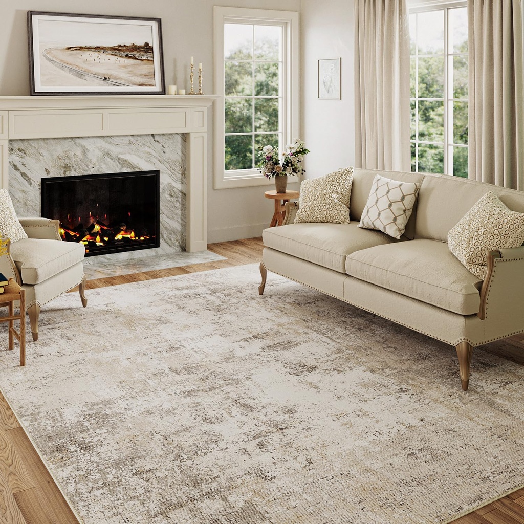 HUGEAR Washable Rugs Living Room Rug 150x210cm Beige Grey Non Slip Abstract Natural Neutral