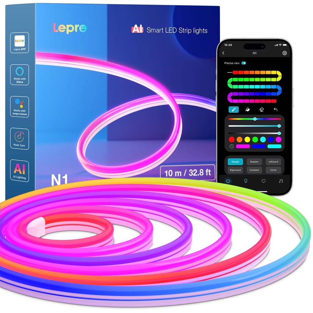 Lepro N1 AI Smart Neon Rope Light 10M RGB+IC, Works with Alexa & Google Assistant, Music Syn