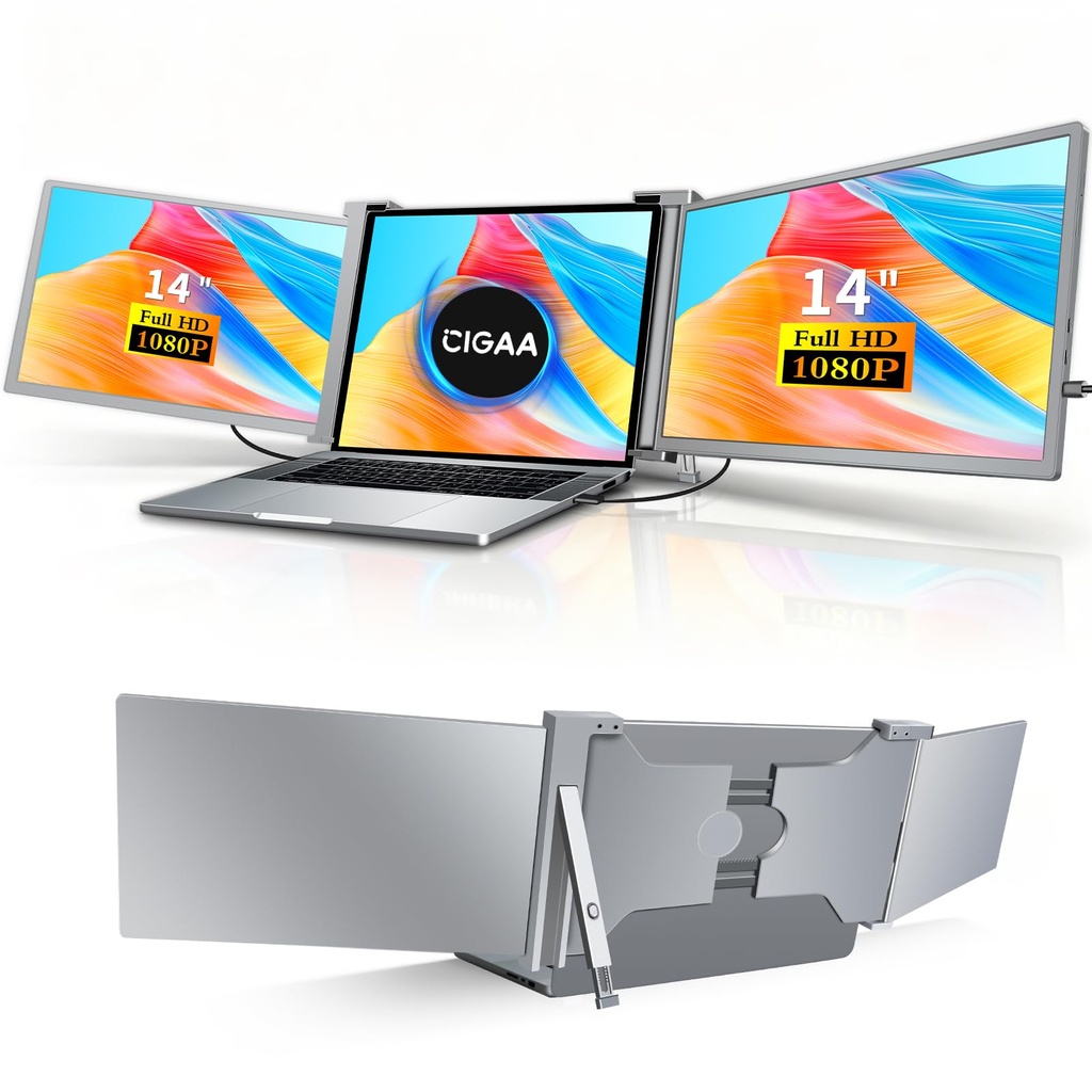 Triple Laptop Screen Extender Monitor: 14" FHD 1080P Portable Monitor | Plug & Play Design f