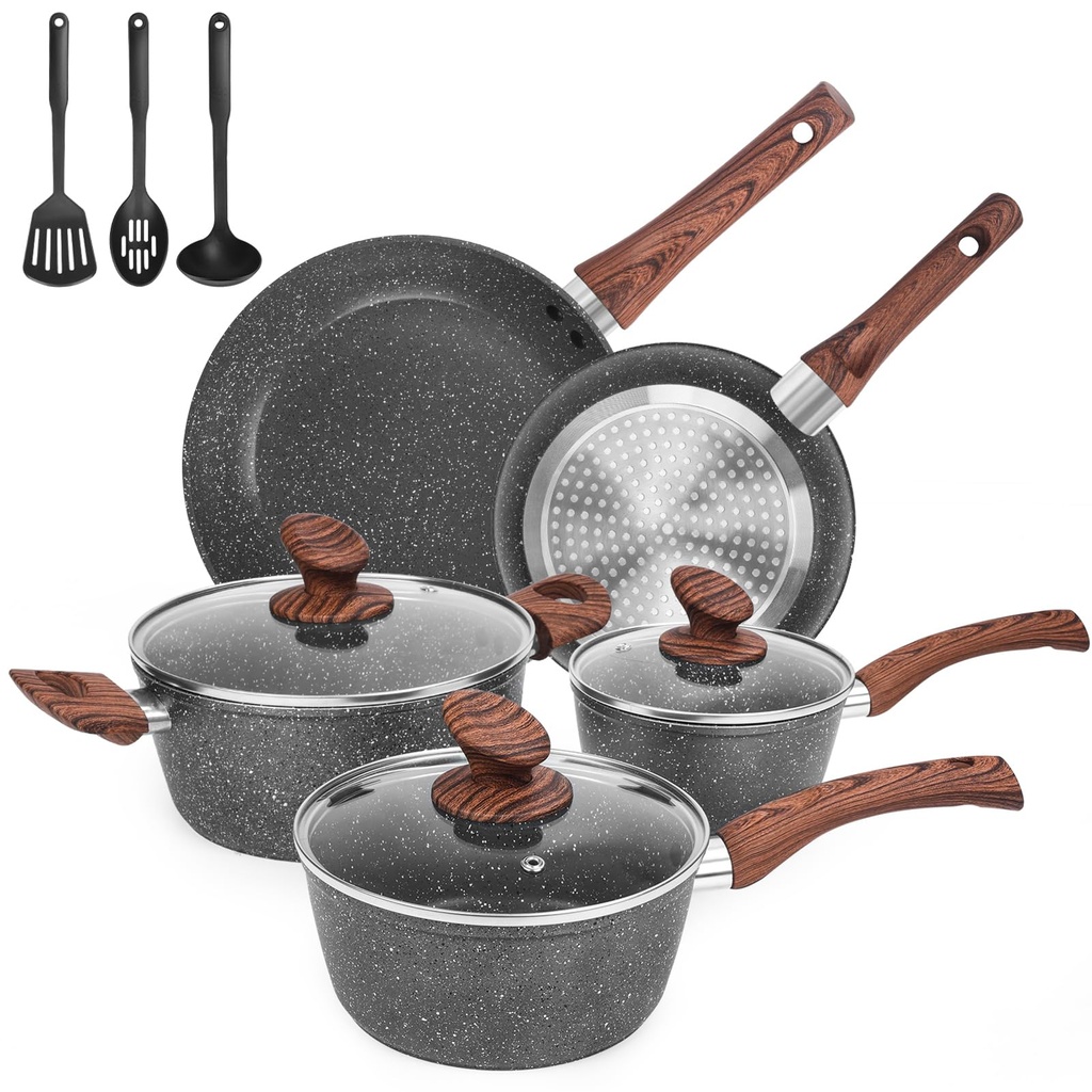 M MELENTA Non Stick Pots and Pans Set, 11 Piece Die-Cast Induction Hob Pan Set, Granite Cook