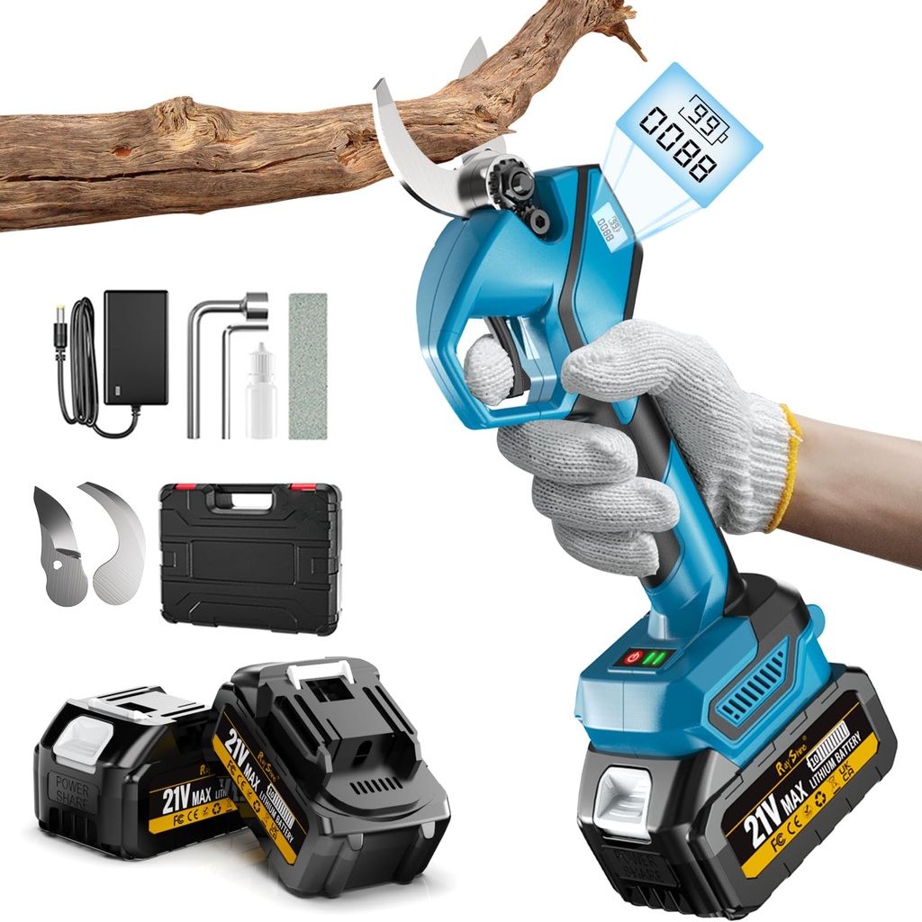 Electric Pruning Shears, Cordless Secateurs with 1000W Brushless Motor & 2X 4.0Ah Batteries,