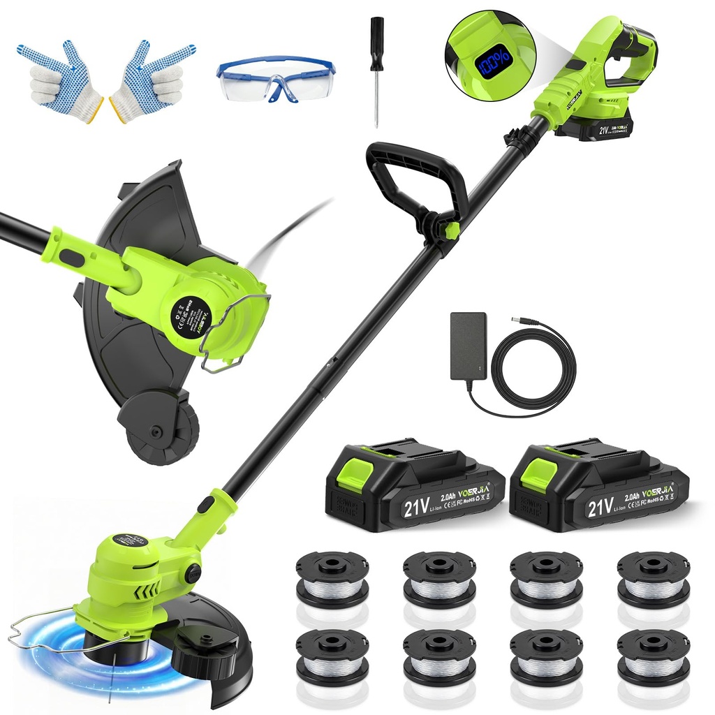 VOERJIA Cordless Grass Trimmer, 30cm Cutting Width Garden Strimmer with 2 Batteries & Charge