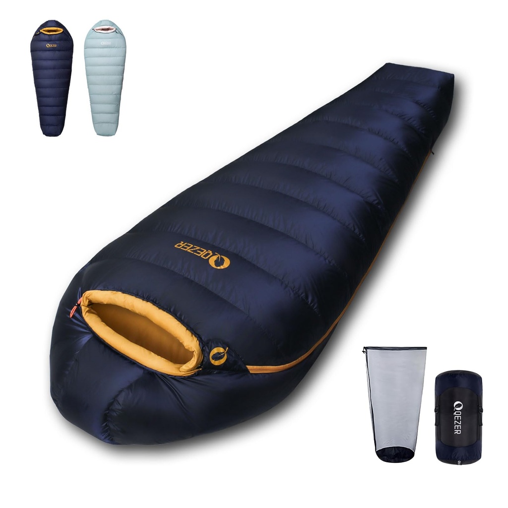 QEZER Down Sleeping Bag, XL Lightweight Sleeping Bag [1000g] for Adults and Teens Camping