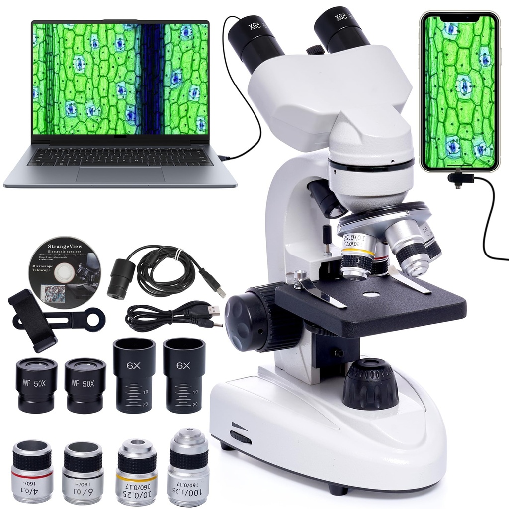 Binocular Compound Biological Microscope 200X-5000X, Digital Lab Microscope with 2MP 