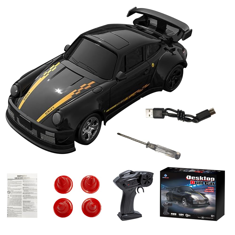 KUWUNG RC Drift Car, 1/64 Scale Remote Control Car with LED Lights, 4WD Racing with Drifting