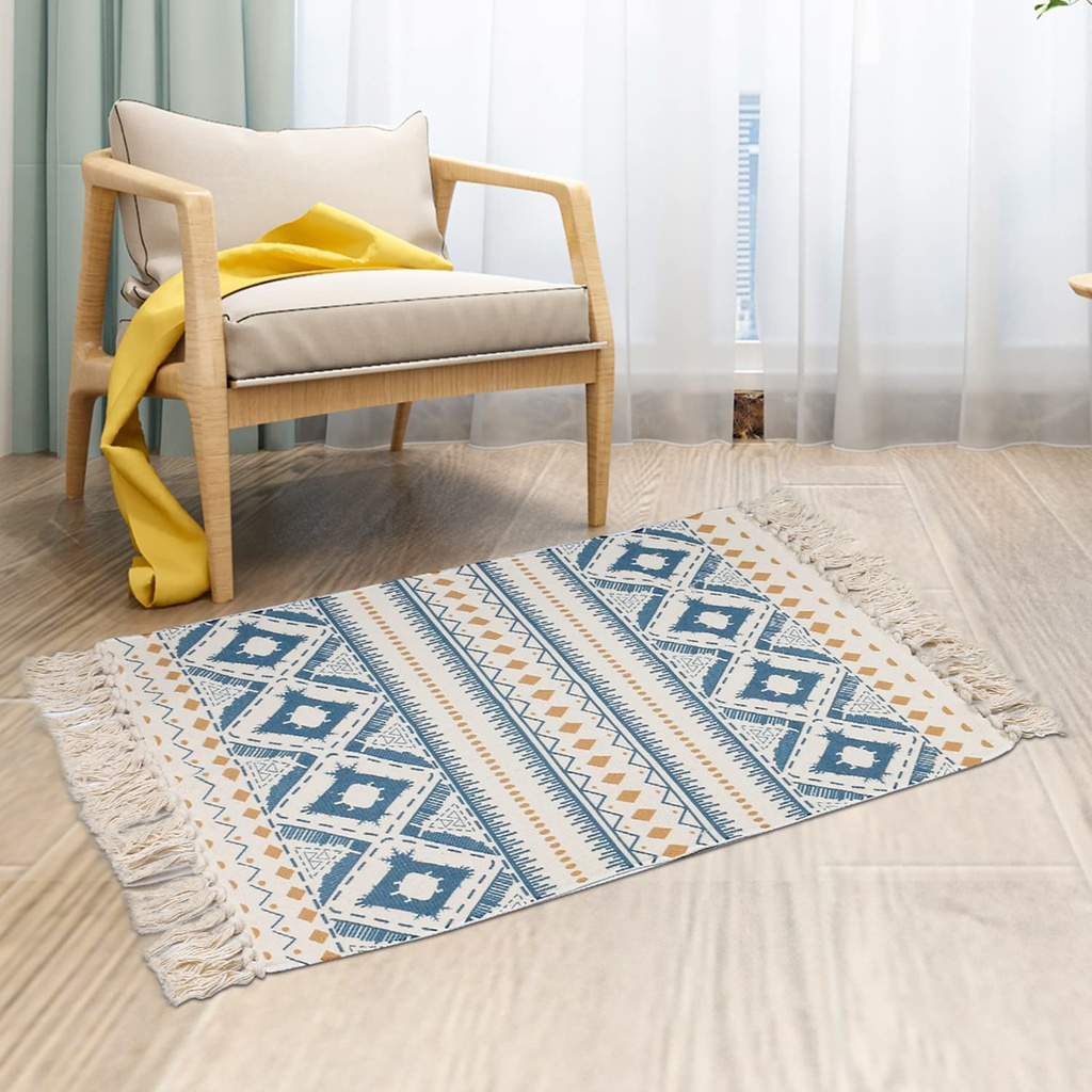 Boho Area Rugs for Living Room, 60 x 90 cm Small Cotton Woven Area Rugs with Tassel, Vintag