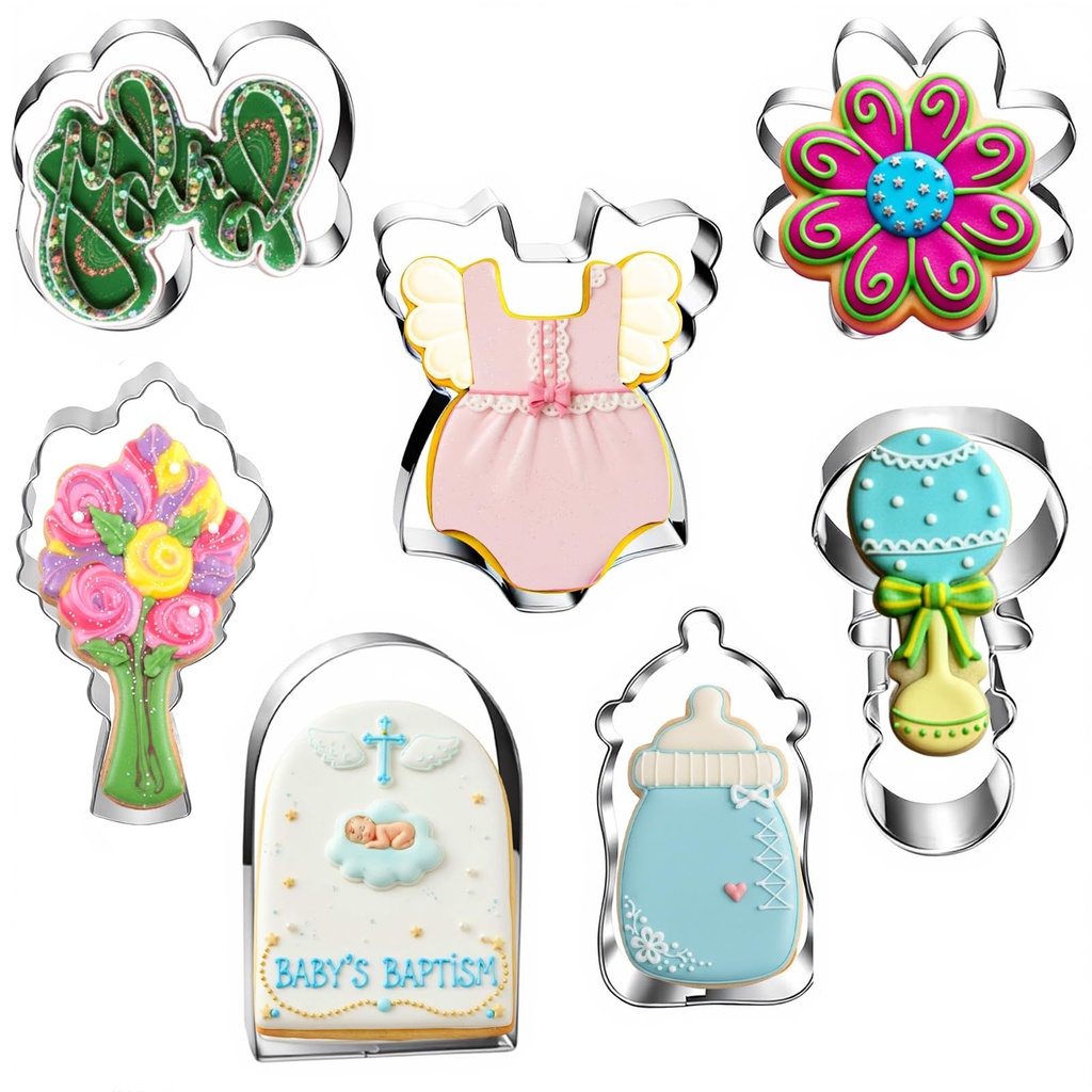 PEOVLVN Baby Shower Cookie Cutters, 7 PCS Flowers Onesie Bottle Rattle Baby Cookie Cutters