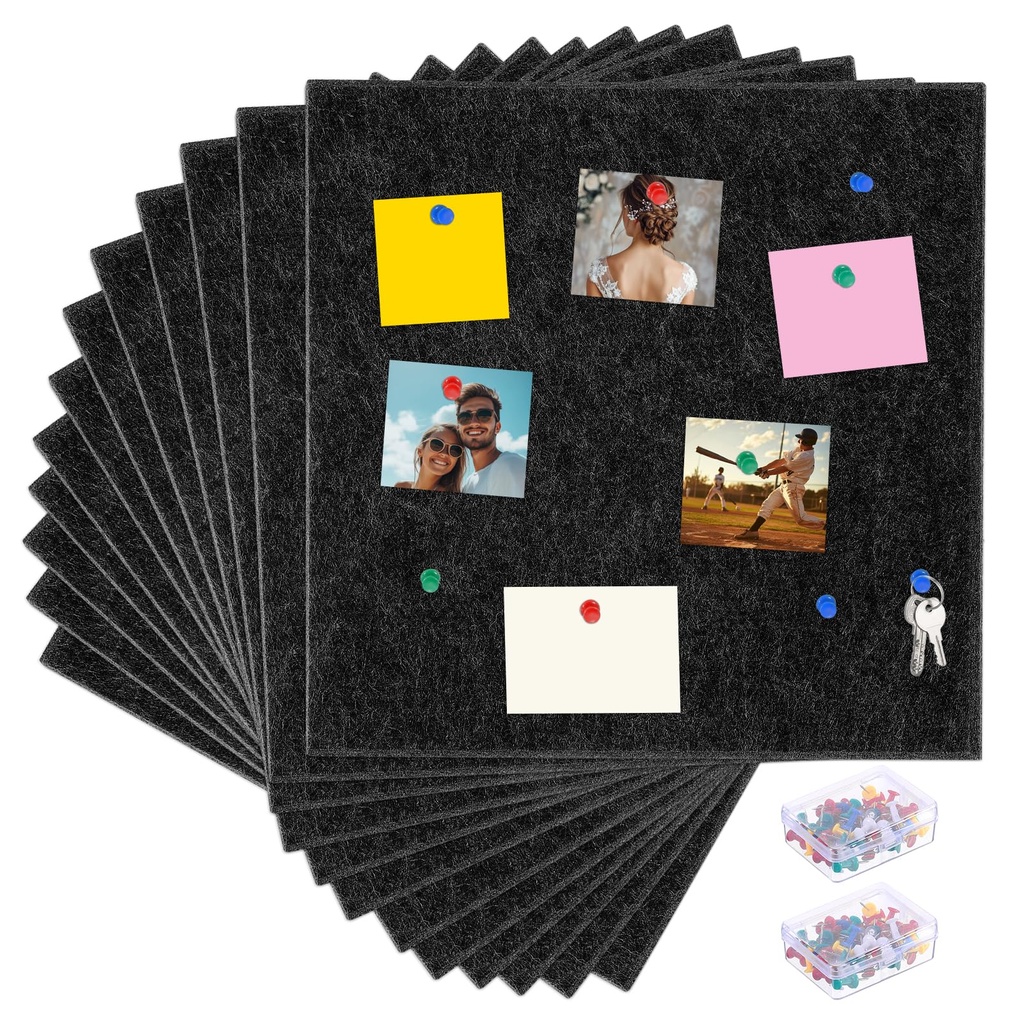 sourcing map 12 Pcs Felt Wall Tiles with 100 Pcs Pushpins 12" x 12" Self Adhesive Felt Pin B