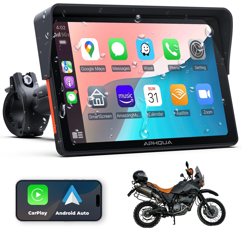 APHQUA A722 Wireless CarPlay Screen for Motorcycle, 7" Motorbike Waterproof Touchscreen with BT, TF & Voice Controls