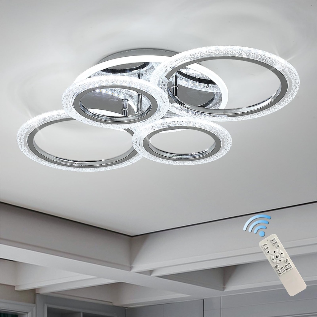 Qcyuui 58W Dimmable LED Ceiling Light, Modern 4-Ring Acrylic Flush Mount Chandelier