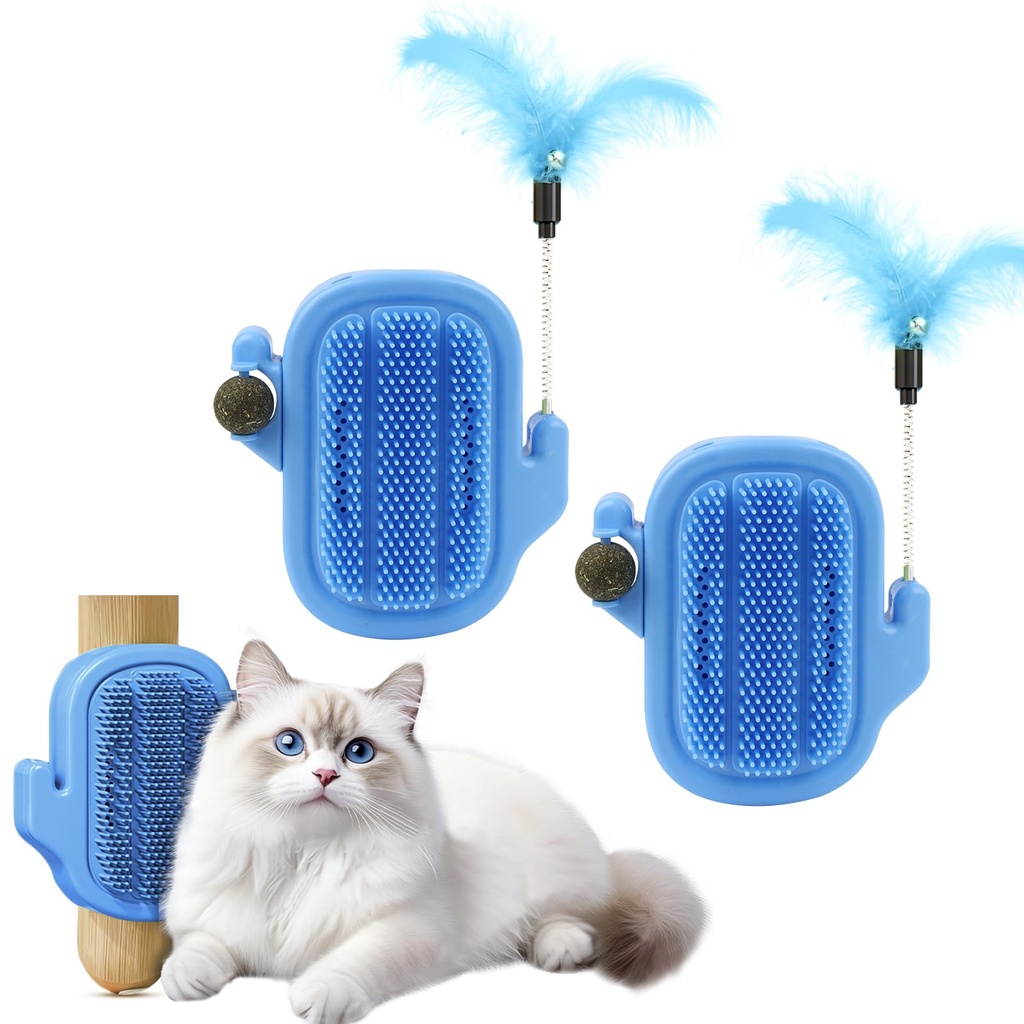 Remedare 2-in-1 Stick-On Corner Cat Scratcher & Grooming Brush 2 Pack - Includes Catnip & Te