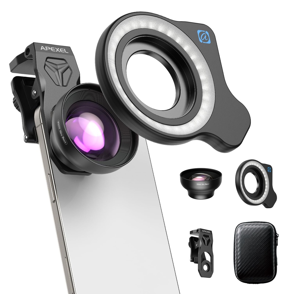 APEXEL HB100 Ultra HD Phone Macro Lens with 45 Lighting Options & AF Anti-Glare Macro Lens