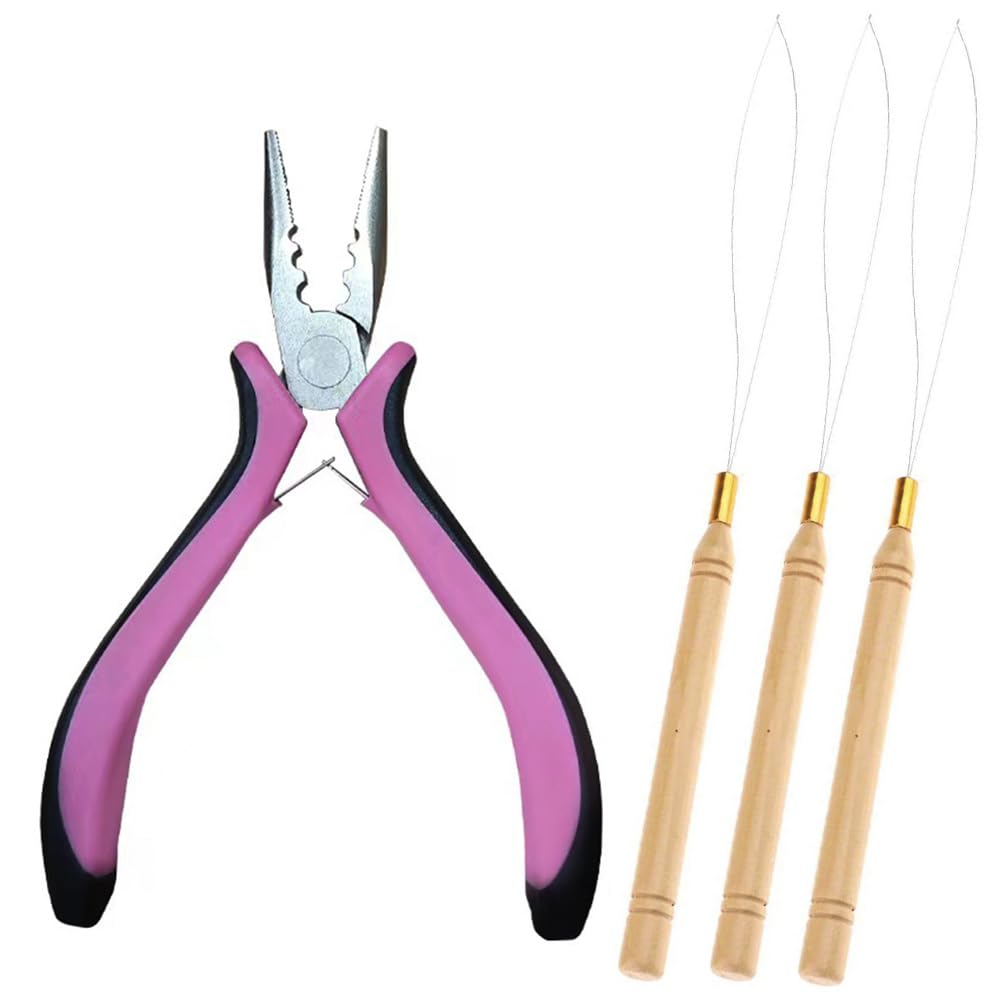 Set of 4 Hair Extension Pliers & Pulling Loop Tool Professional Hair Extensions Tool Kit fo