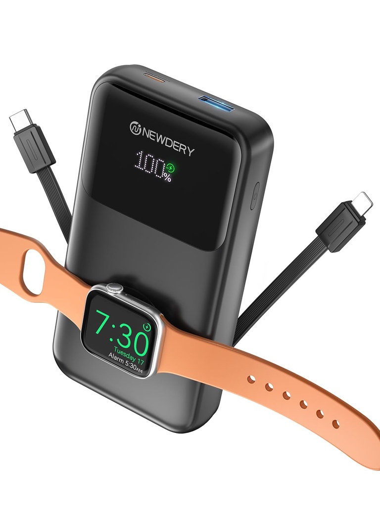 NEWDERY 10000 mAh Portable Power Bank for Apple Watch Charger Built-in Cables, PD 20W Fast C