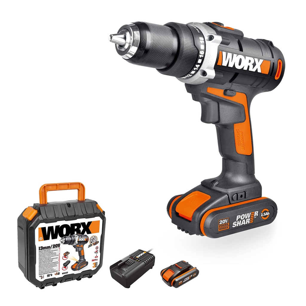 Worx 18V(20V MAX) Cordless Drill Driver WX183.2 Electric Drill, 2-Speed Control, Keyless Ch
