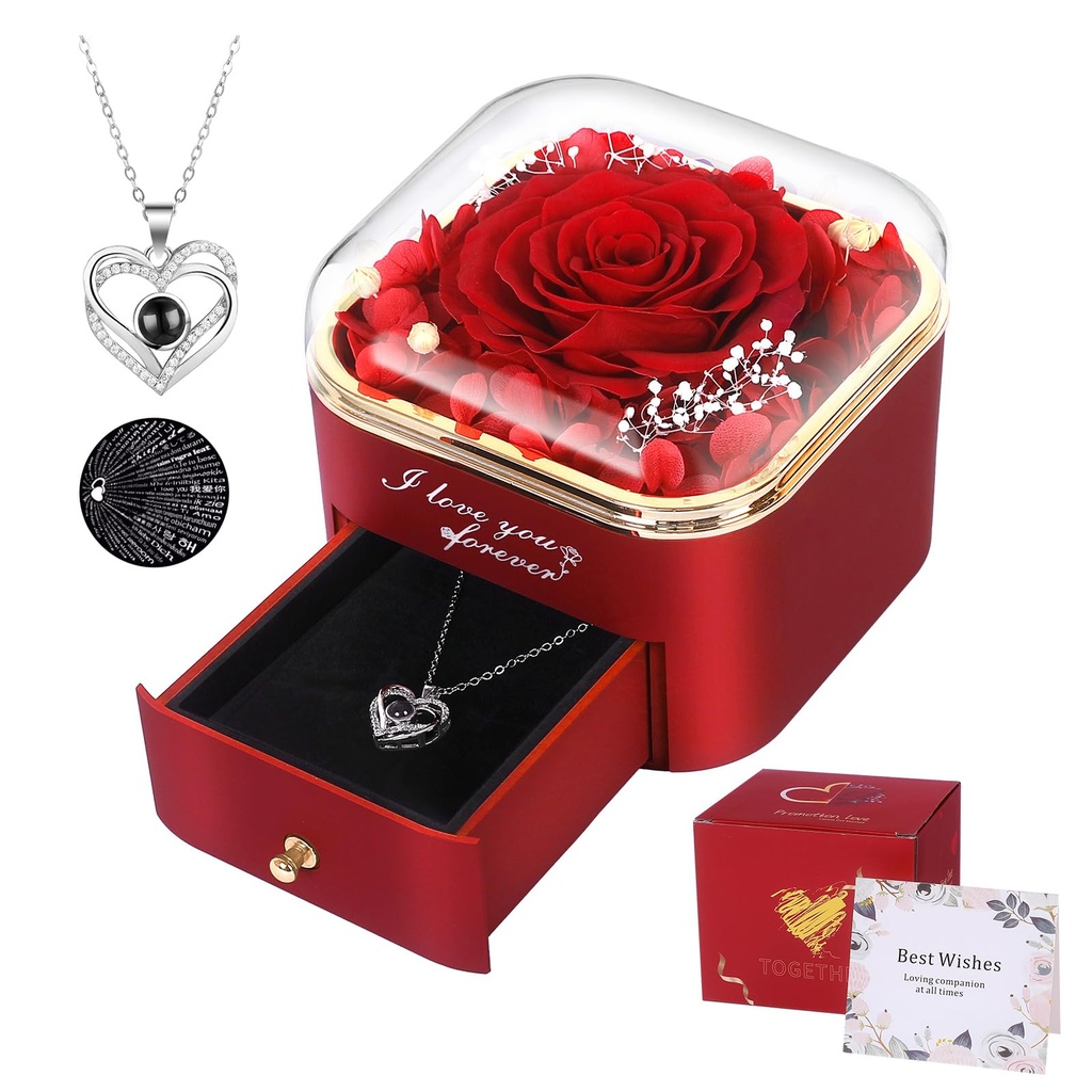 Firestyle Preserved Red Real Rose with I Love You Necklace in 100 Languages-Eternal Flowers