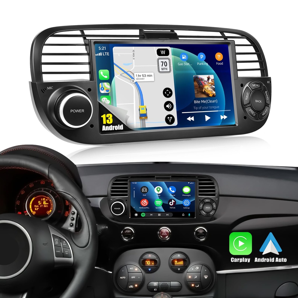 CAMECHO Android 13 Car Stereo for Fiat 500 2007-2015 support Wireless Carplay&Android Auto