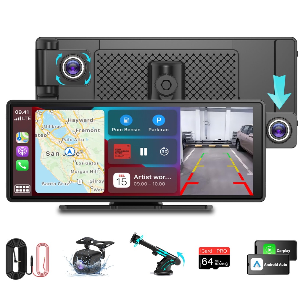 10.26" Apple Carplay Screen Flip front Camera Wireless Apple Carplay & Android Auto Mirror