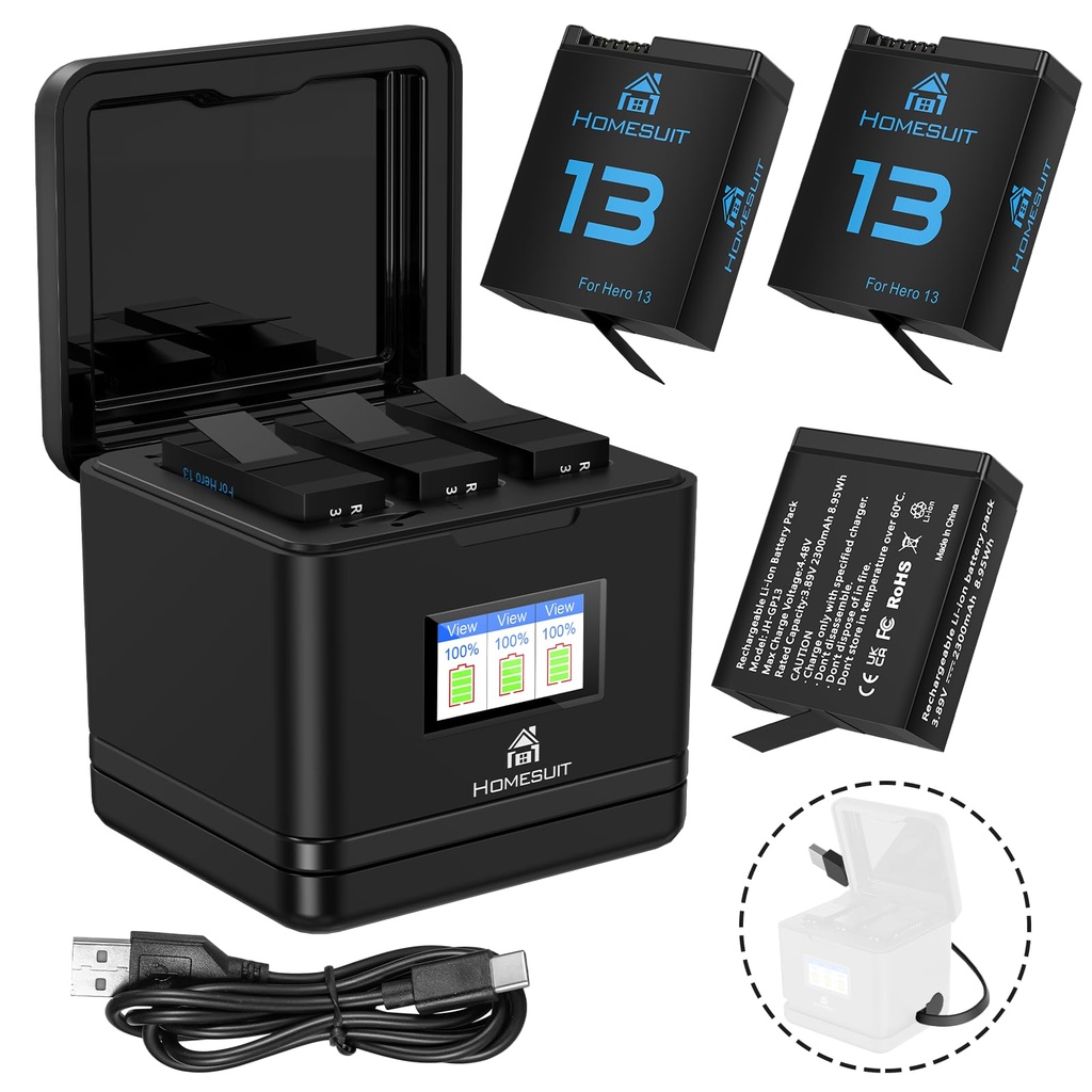 Homesuit Enduro Rechargeable Batteries 2300mAh & 3-Slots LCD Battery Charger for HERO13