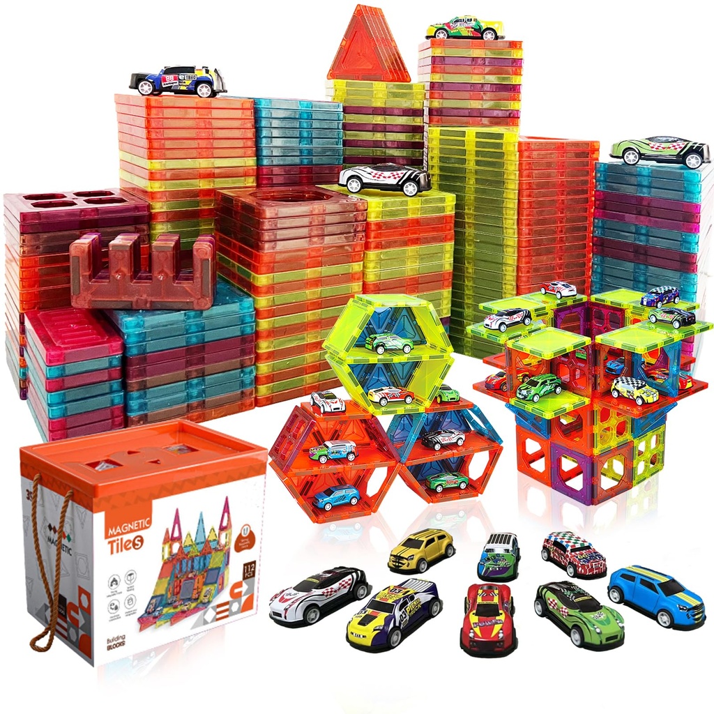 Magnetic Tiles Building Block with 10 Metal Cars for Kids Construction STEM Toy Preschool