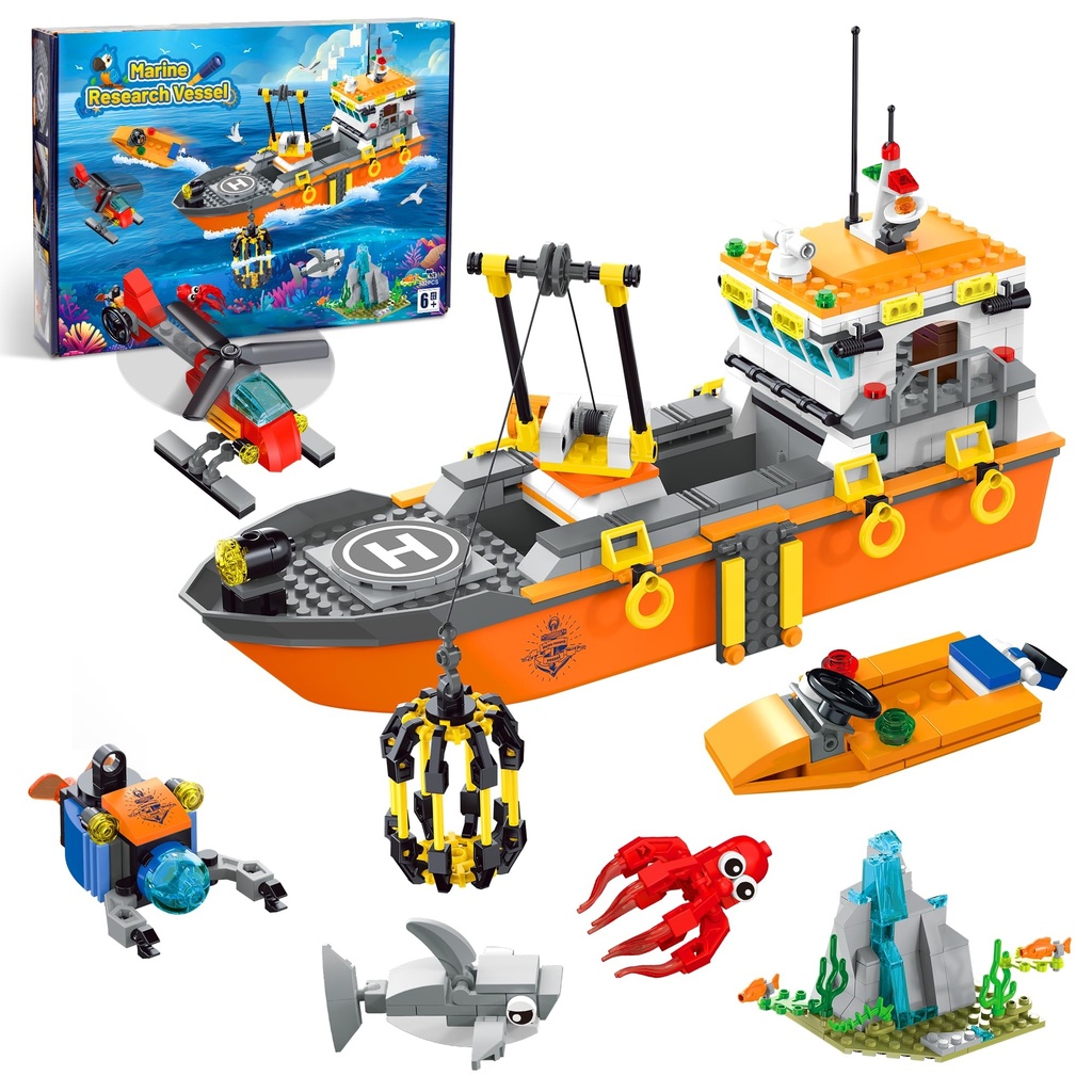 AKWME City Ocean Explorer Ship Building Set, Exploration Boat Set Toy Building Block 