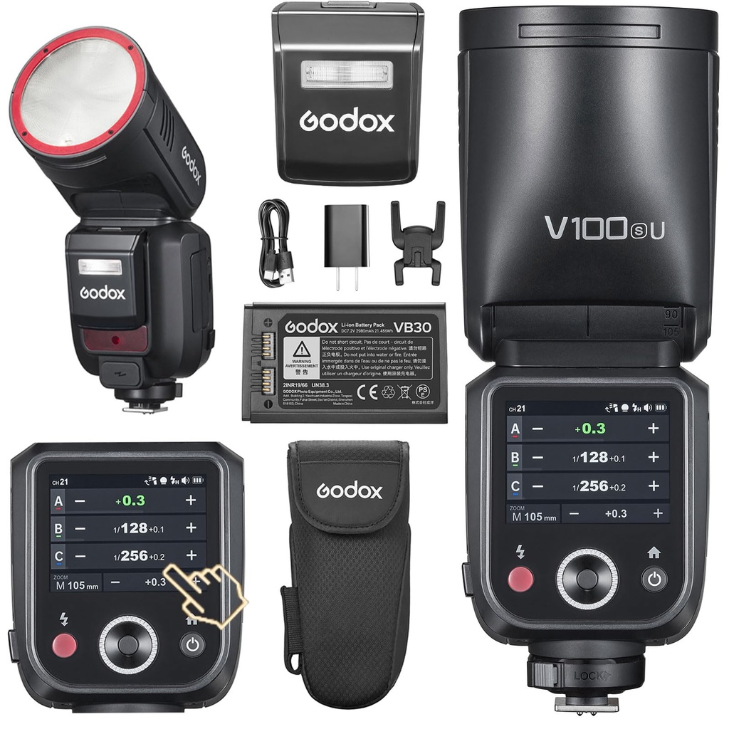 Godox V100S Round Head Flash Touch Screen, 100Ws Global Shutter Flash Sync 1/80000, 1/8000