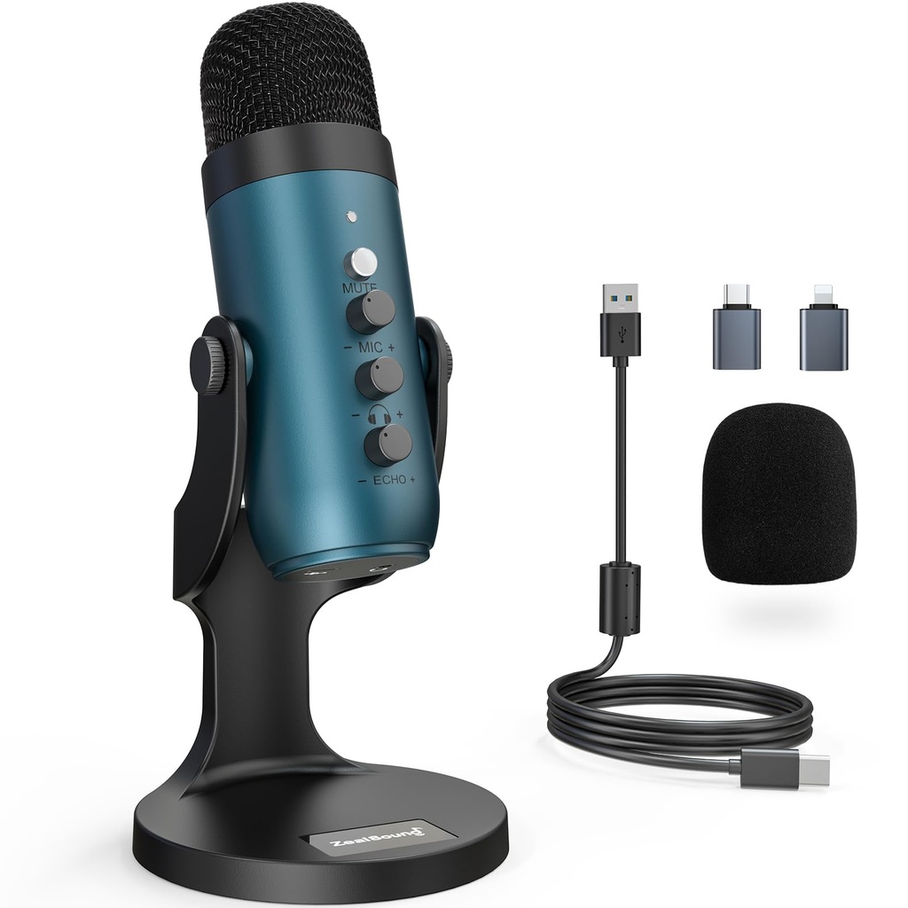 zealsound USB Microphone, k66 Teal Cardioid Condenser Podcast Mic for iPhone PC Phone PS5,w