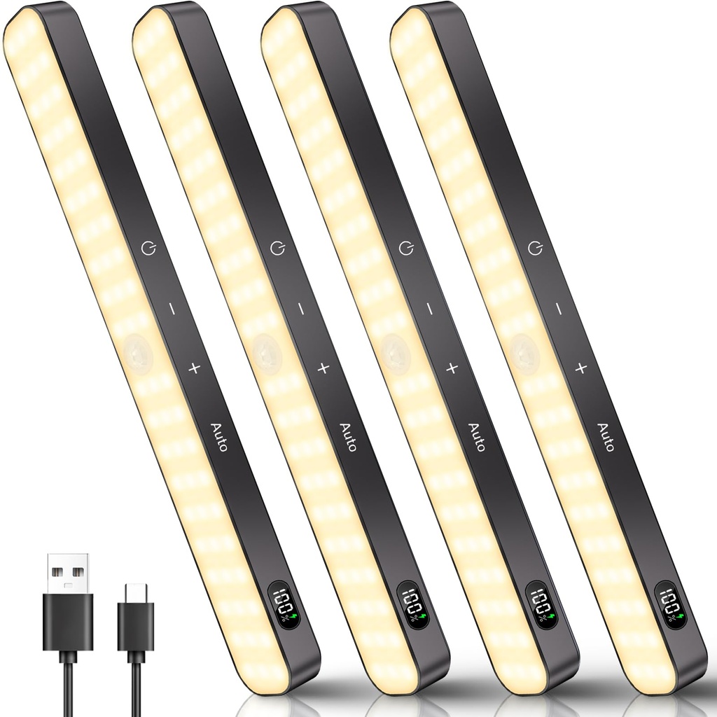 Ferswe 3000K Motion Sensor Lights Indoor, 4 Pack Rechargeable Under Cabinet Kitchen Lights