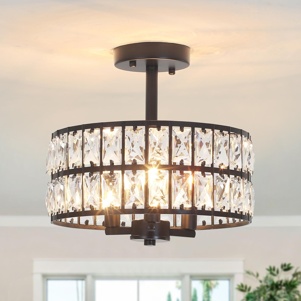 ASHUAQI Black Ceiling Light, 3-Light Crystal Ceiling Lights Living Room, E14 Modern Crystal