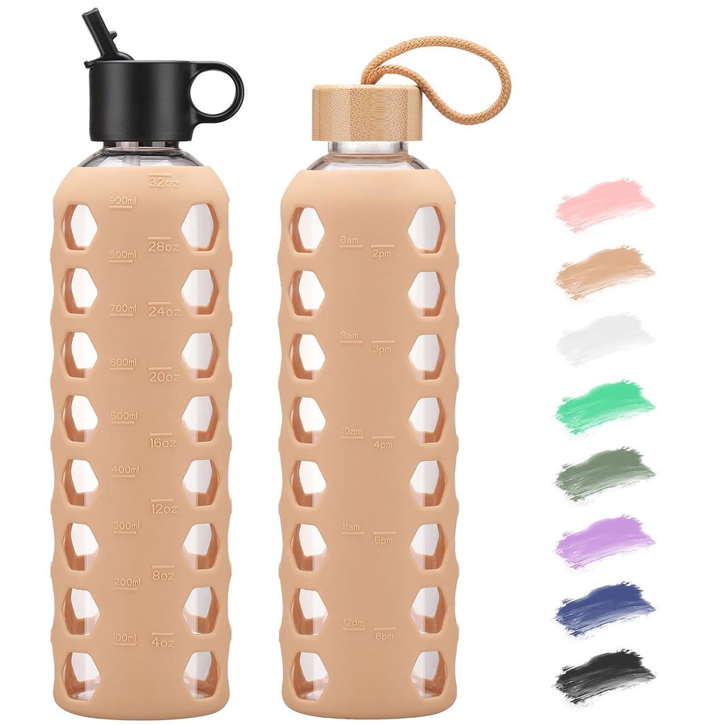 BLUEGO Glass Water Bottle, 900ml Borosilicate Drinking Bottle with 2 Lids-Handle Flip Straw