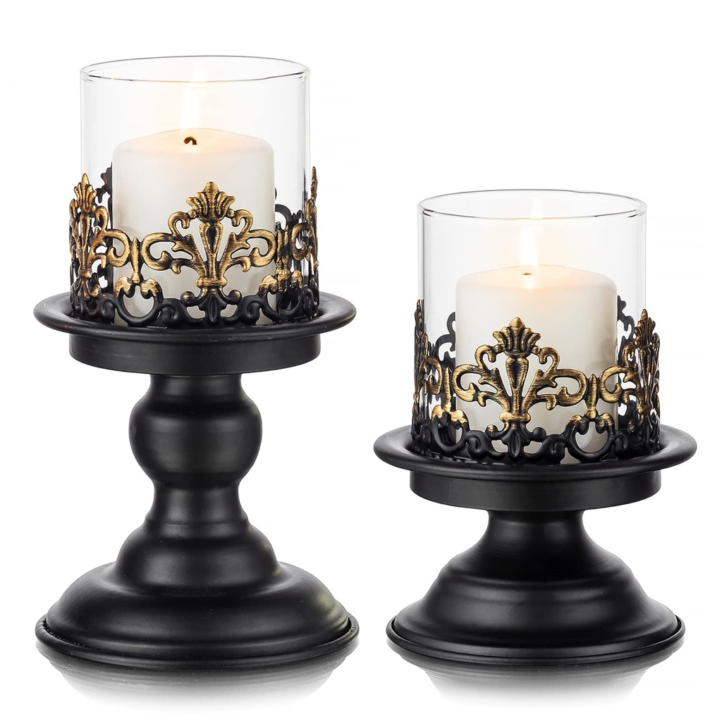 Sziqiqi Black Shabby Chic Pillar Candle Holder Set for Tables - Gothic Candlestick Holder Ru