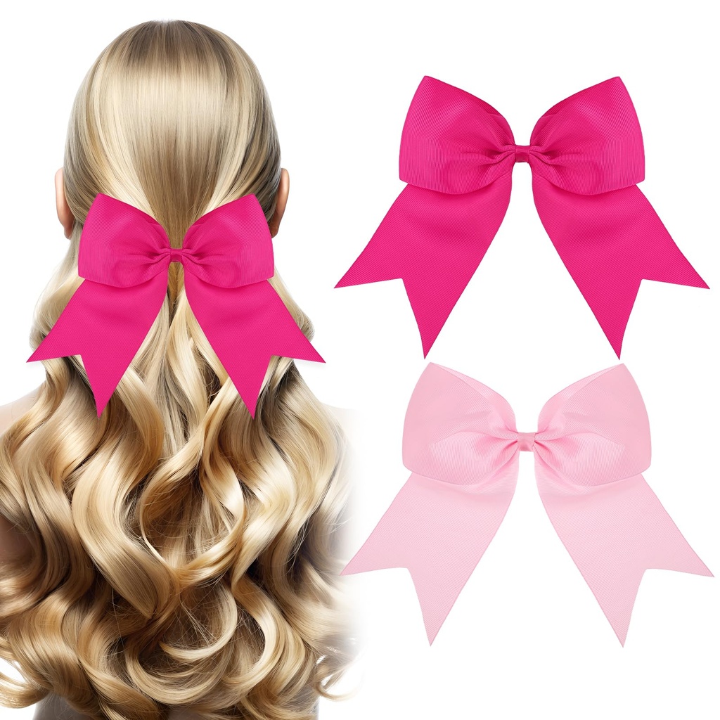 cobee 2PCS 8" Cheer Bow Clip, Large Pink Red Hair Bow Clip Cheerleading Bows Hair Barrettes
