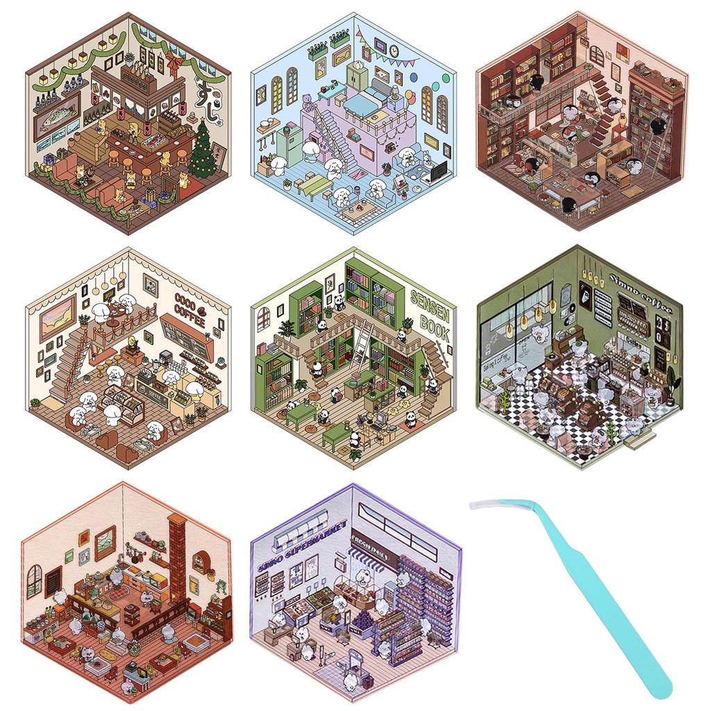 8 Sets DIY 3D House Stickers, Fun Cartoon Scene Make Your Own Mini Room Scenes Supermarket