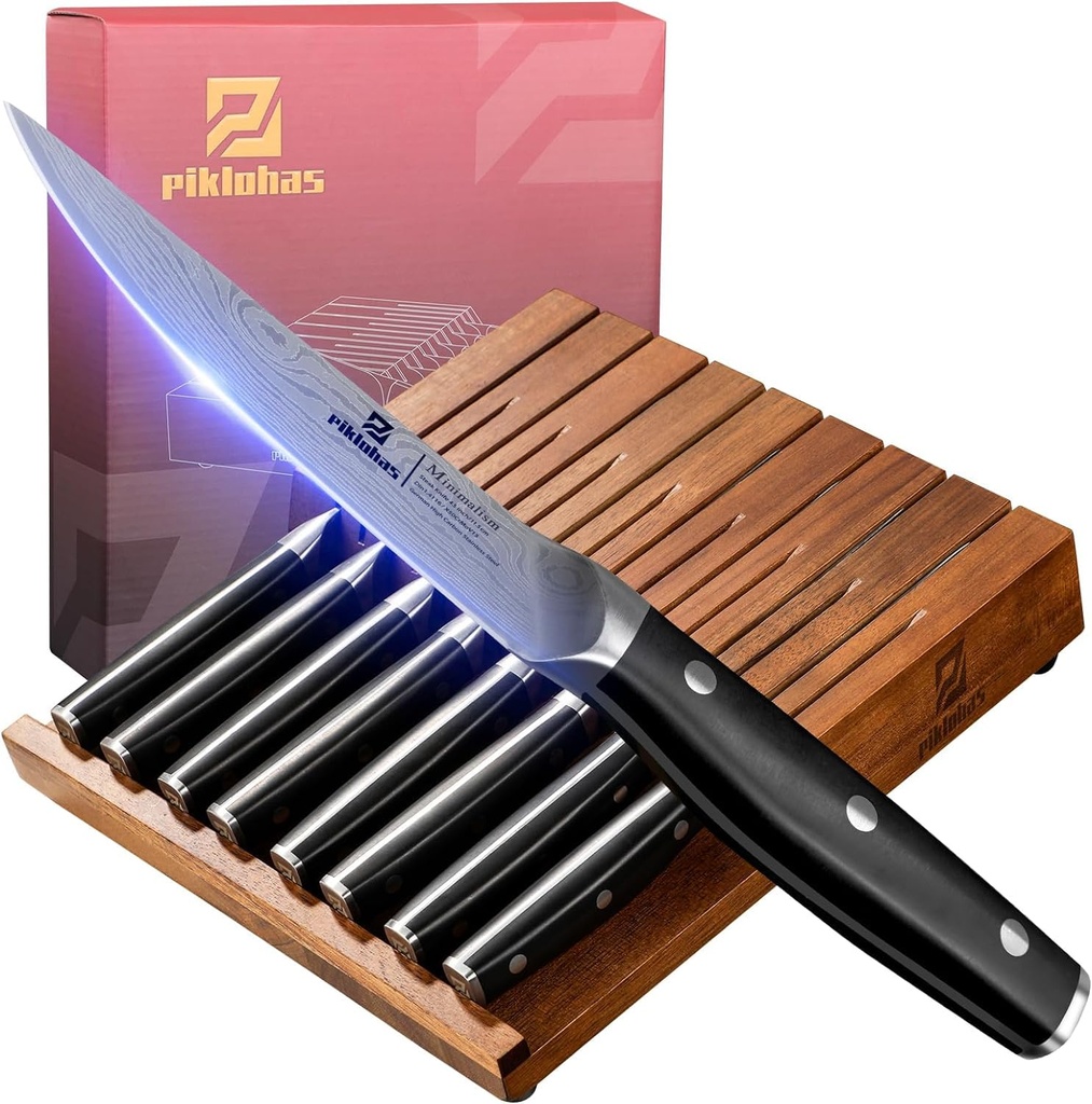 Piklohas Steak Knives Set of 8 with Drawer Organizer, 4.5 Inch Non Serrated Dinner Knife, Fo