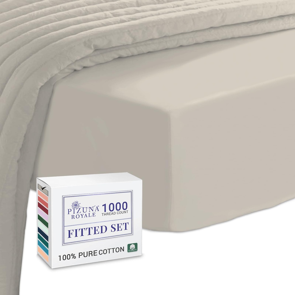 Pizuna Luxurious Cotton Double Fitted Sheet Simply Taupe, 1000 Thread Count 100% Long Stapl