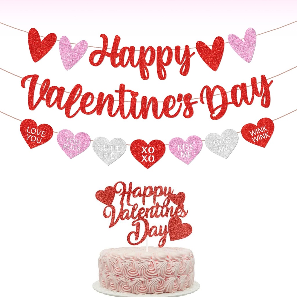 Happy Valentine Banner Red Heart Glittery Birthday Party Decorations Galentines Day D?Â®cor